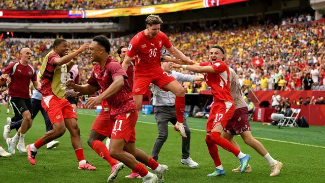 Switzerland celebrate their penalty-shootout win over Colombia at World Cup 2026